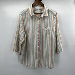 Foxcroft Shirt Top Womens 22W Linen Tencel Blend Stripe Tropical Button Down